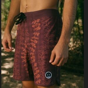 Palaka Kane  swim Men's Maroon Floral Board Shorts recycled plastics Hawaii